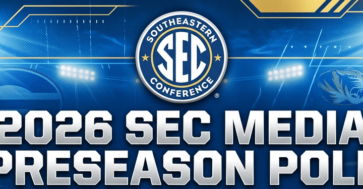 2026 SEC media preseason poll ranking SEC football teams in East and West divisions.